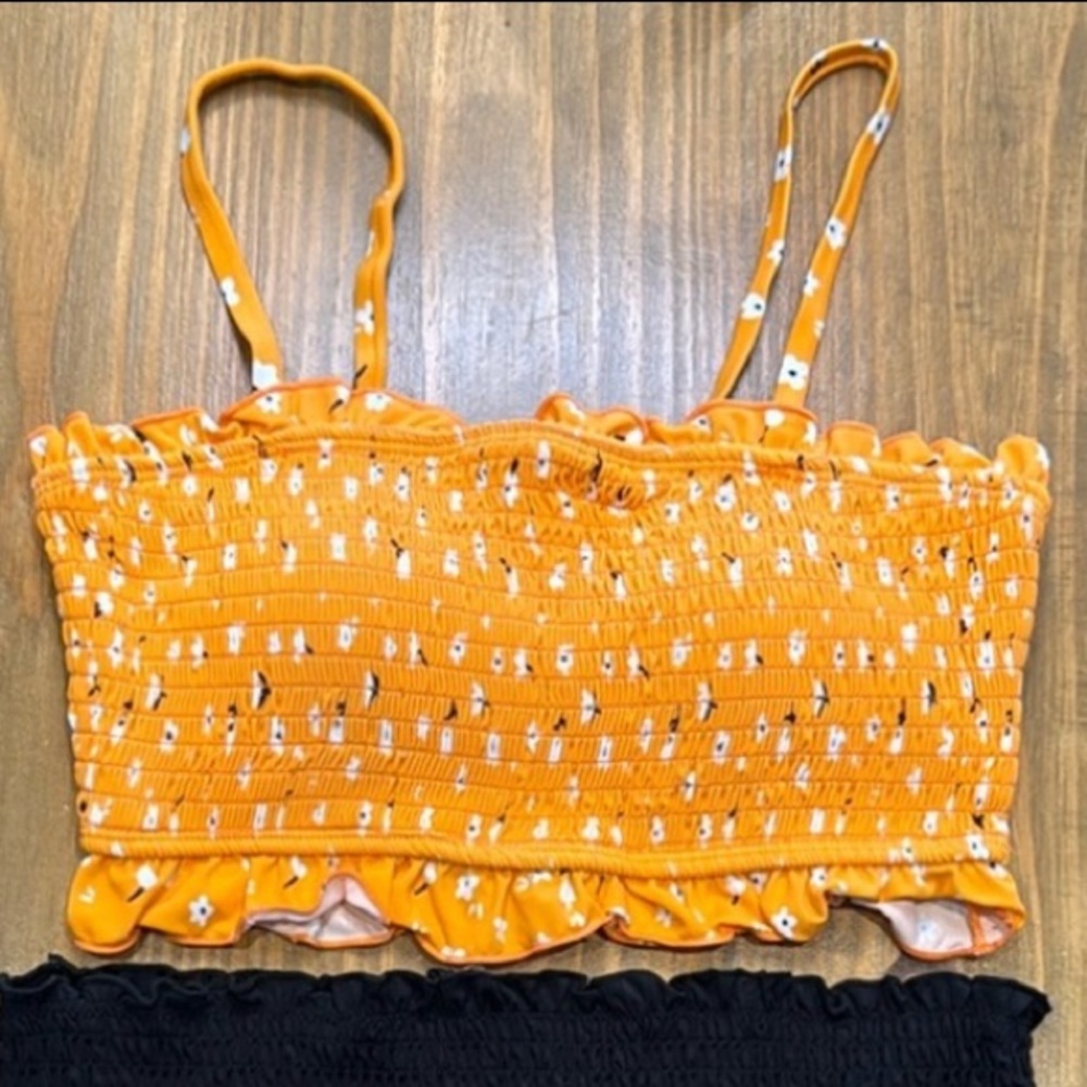 Orange floral Smocked Ruffle Trim Bandeau Bikini top Medium NWOT